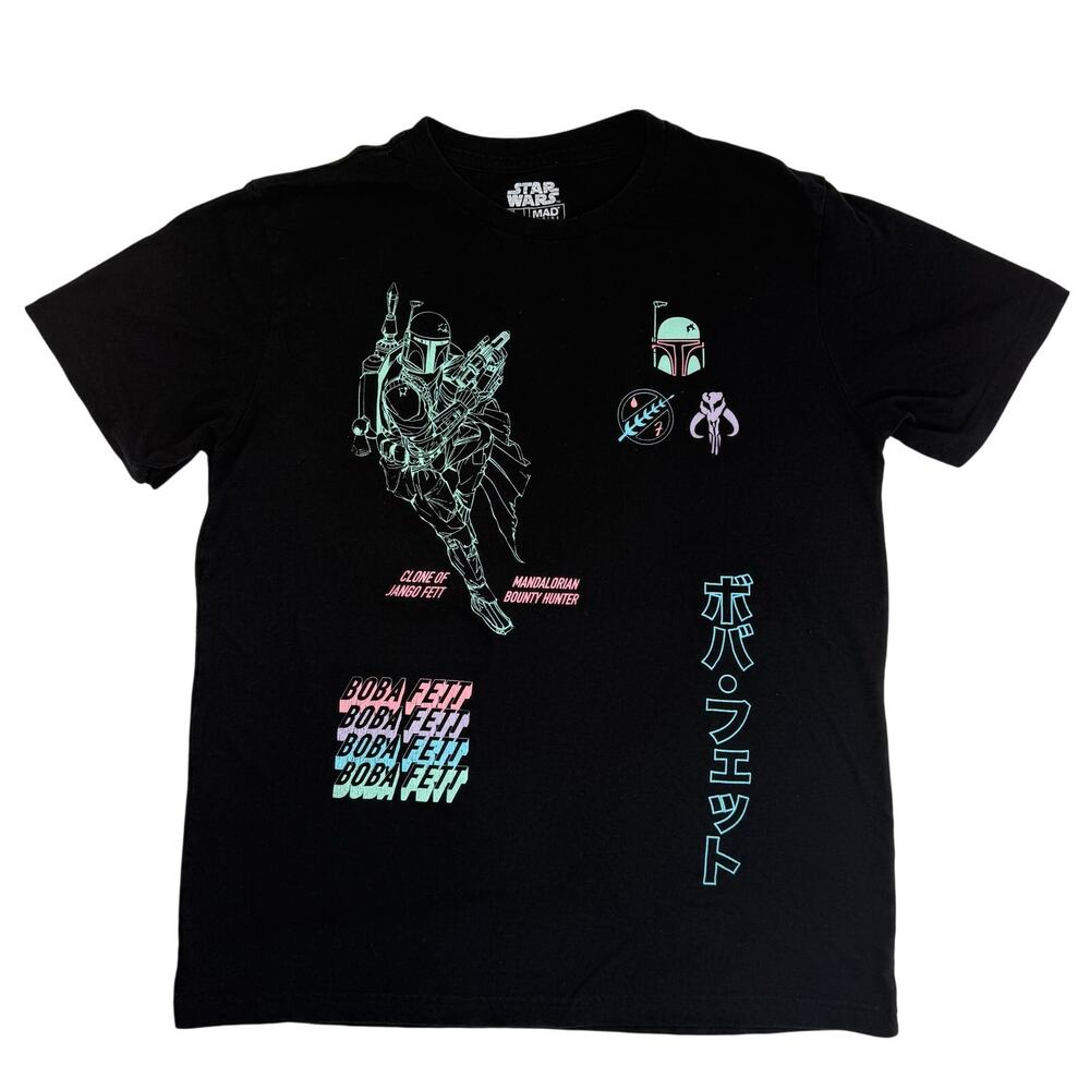 Star Wars Men's Large Black T-Shirt Boba Fett Neon Pastel Graphic TeeMad Engine